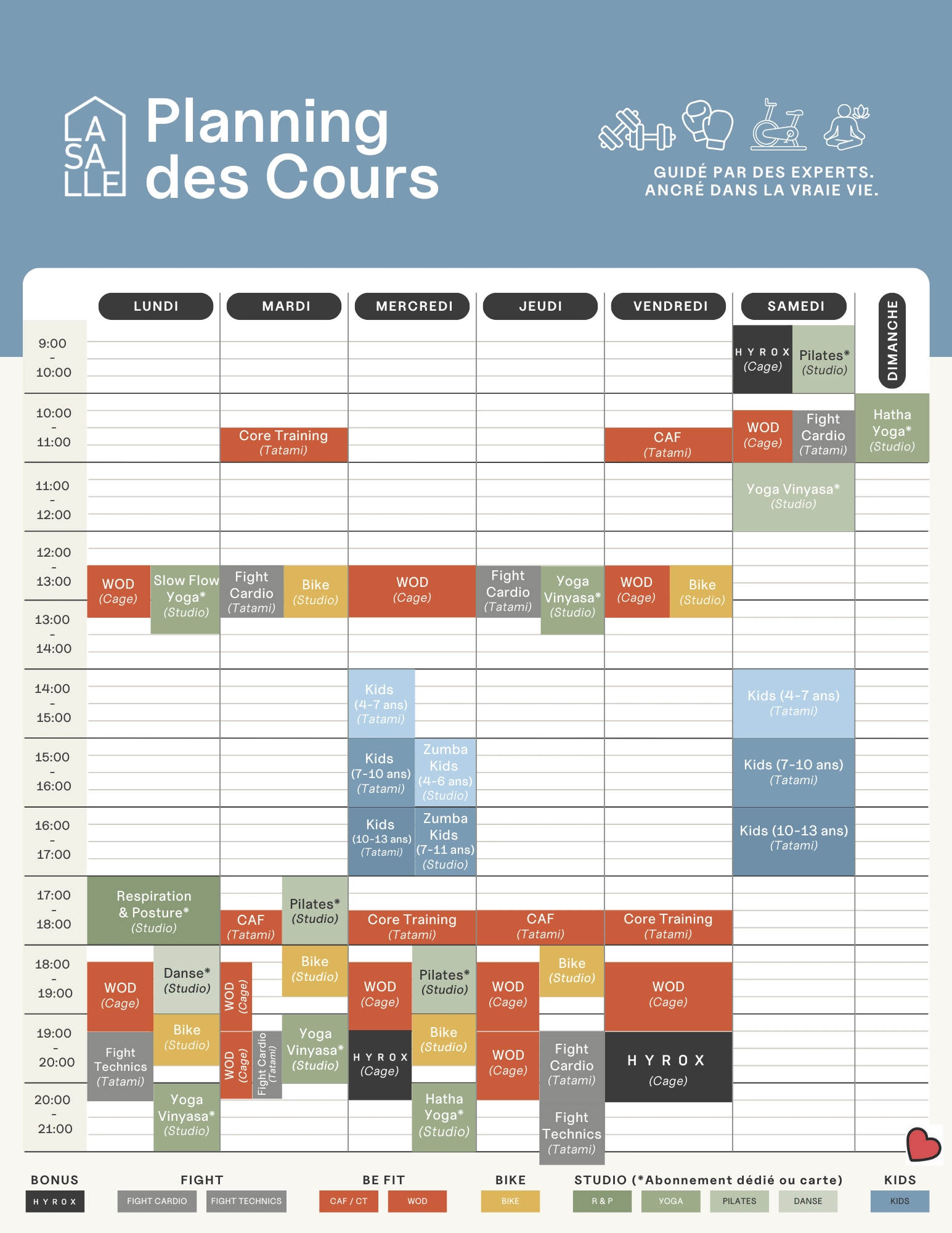 Planning cours collectifs en bleu - La Salle Pays de Gex