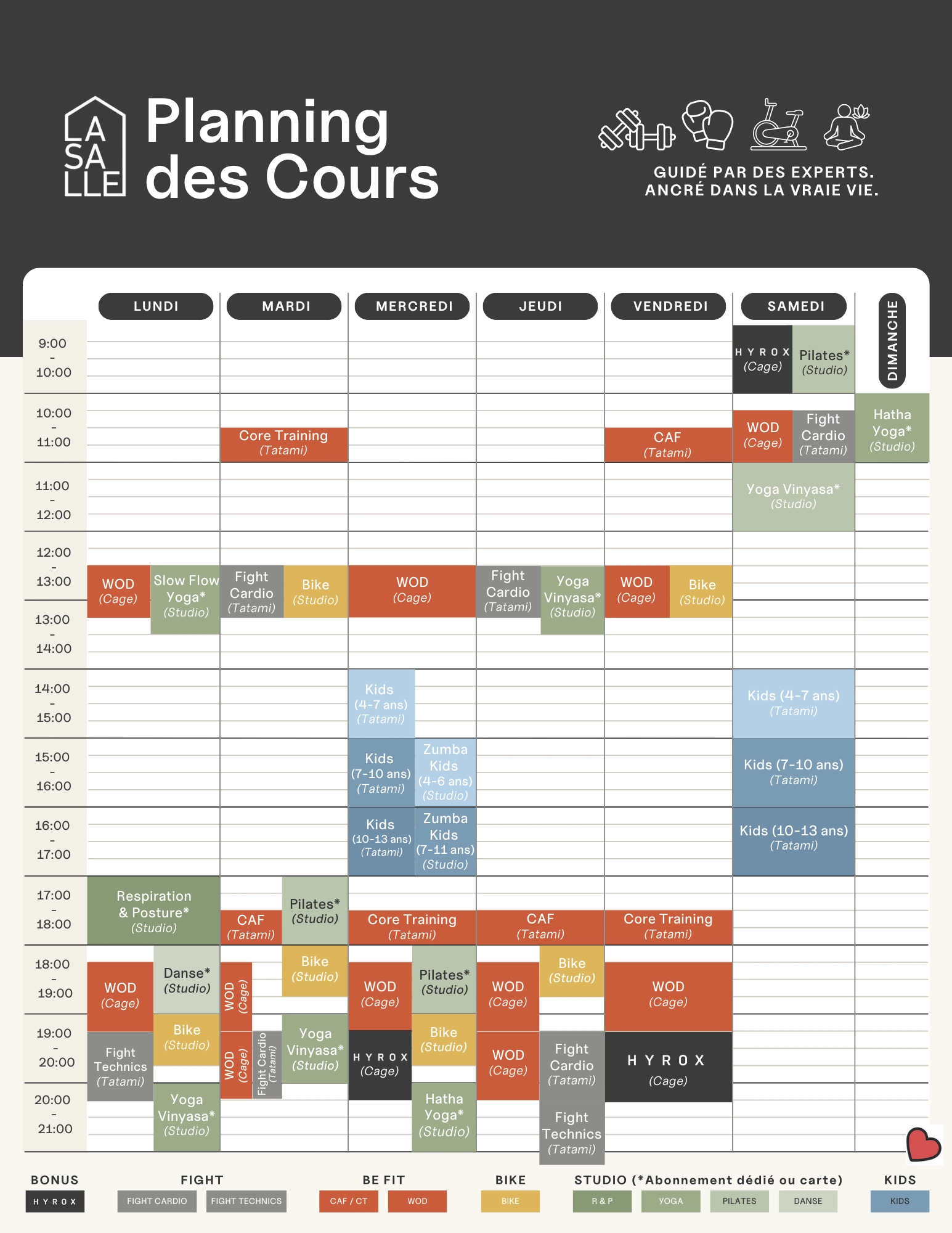 Planning cours collectifs en noir - La Salle Pays de Gex