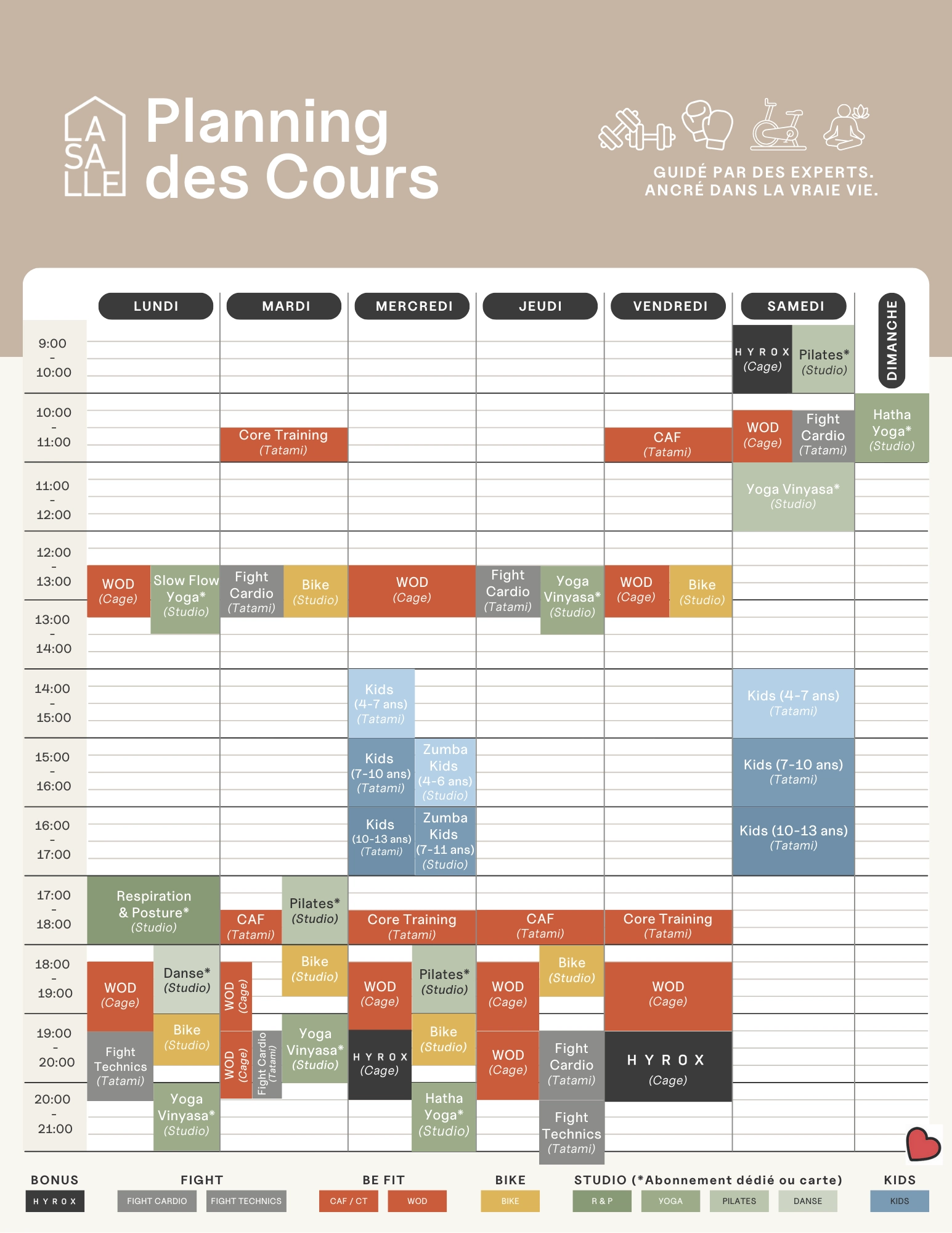 Planning cours collectifs en couleur sable - La Salle Pays de Gex