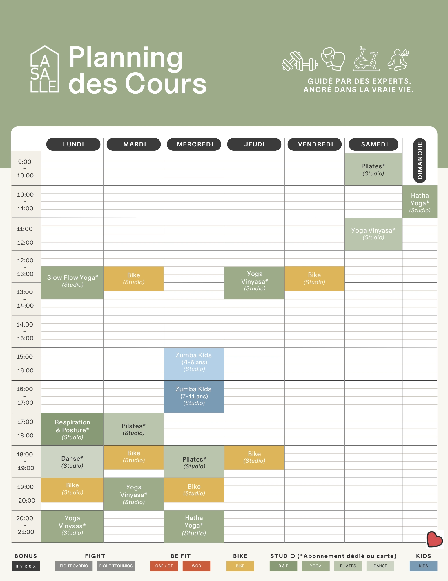 Planning cours collectifs en vert - La Salle Pays de Gex